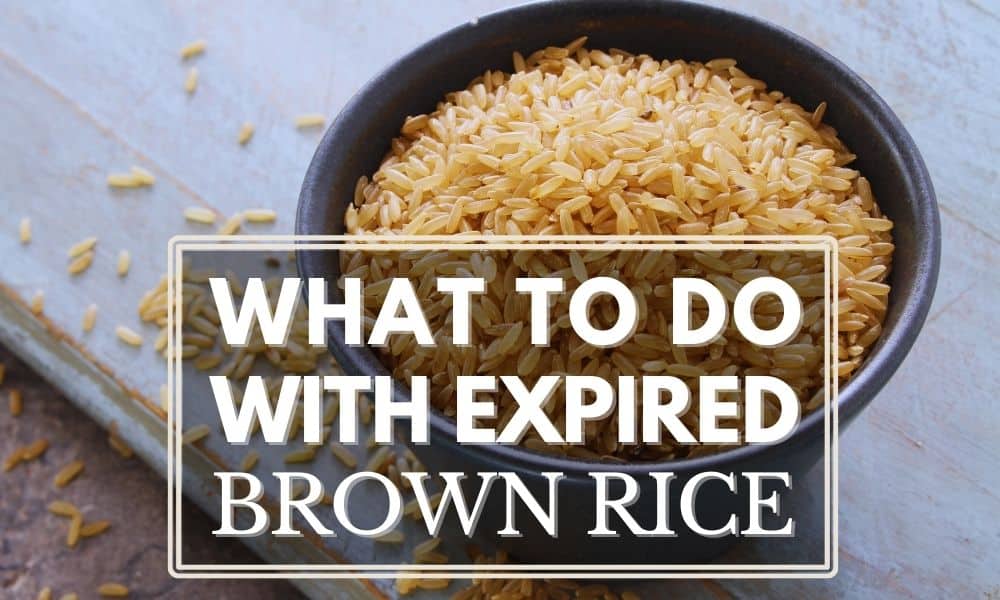 Raw brown rice in a bowl with a text "What to do with expired brown rice?"
