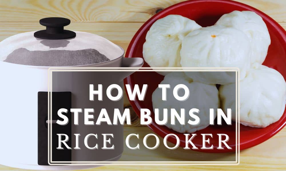 Rice cooker and hot buns in red plate with a text "how to steam buns in rice cooker"