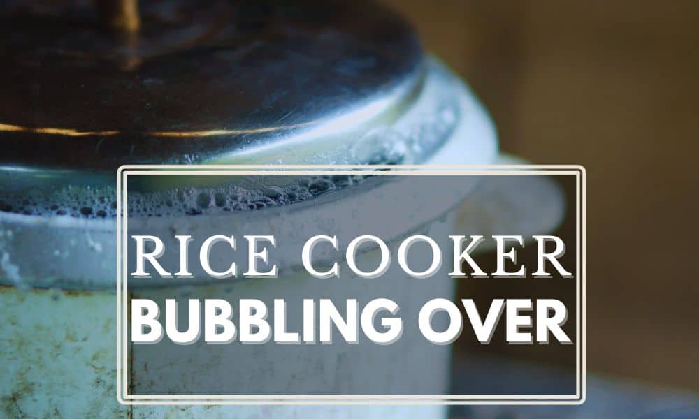 Close-up image of Rice cooker bubbling over with a text rice cooker bubbling over.