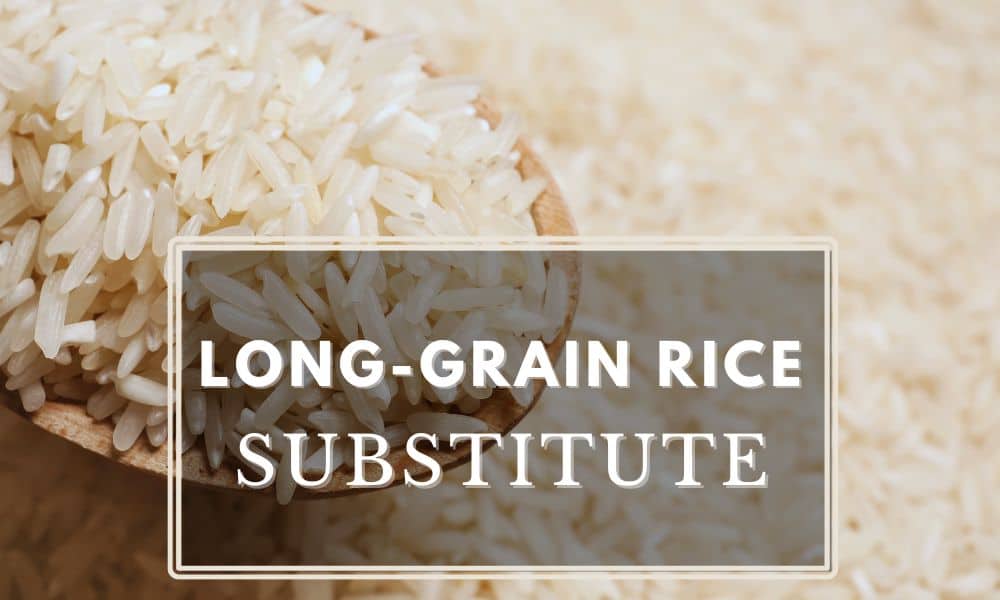 Long Grain Rice in Wooden Spoon with text "long-grain rice substitute"