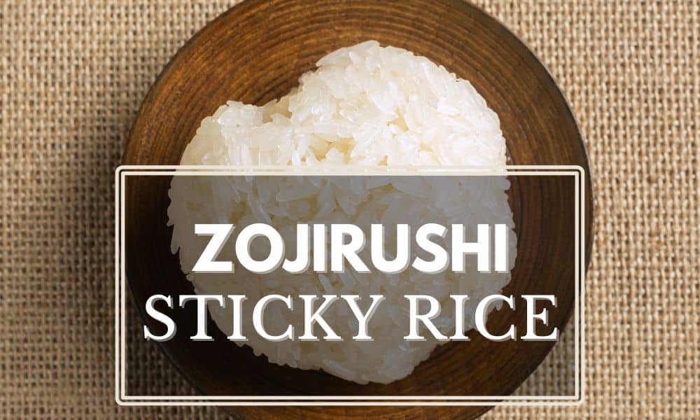 Zojirushi sticky rice on a small wooden plate with text "Zojirushi Sticky Rice."