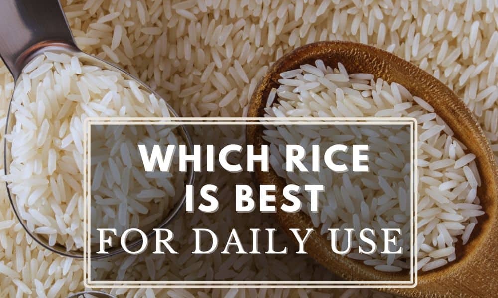 Long grain rice with text "Which Rice is Best for Daily Use"