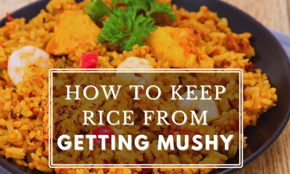 A plate of chicken and shrimp jambalaya with text "How To Keep Rice From Getting Mushy"