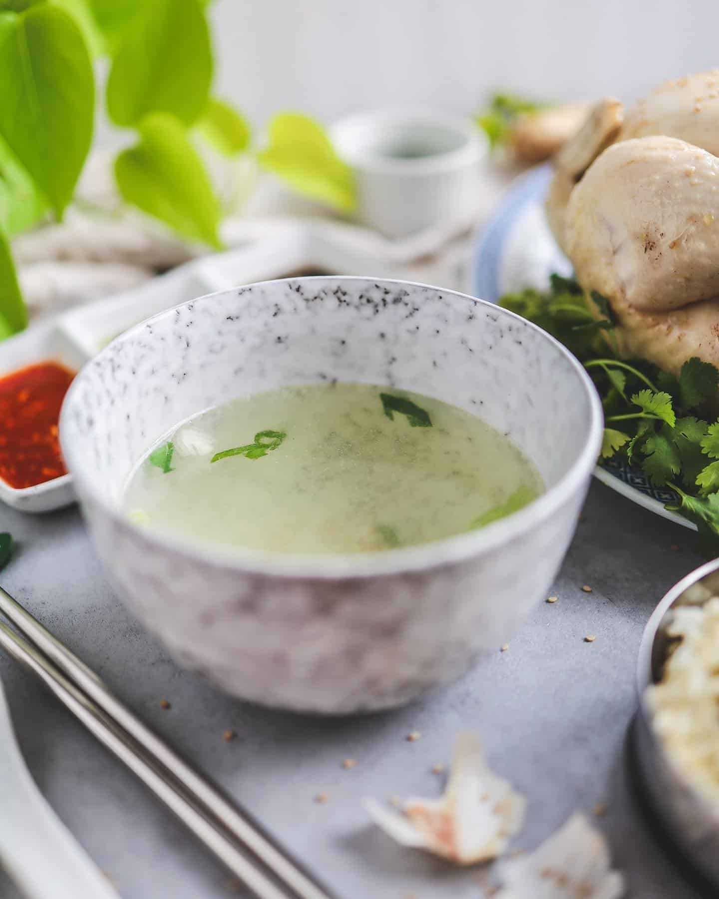 broth of hainanese chicken rice