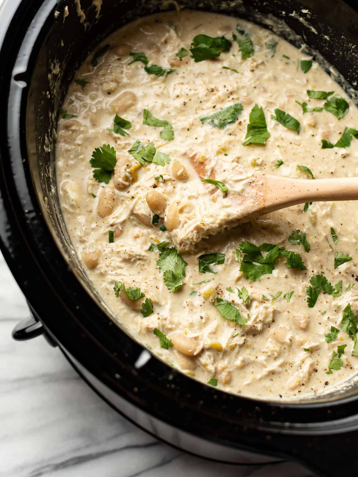 white chili chicken cooked in a crockpot